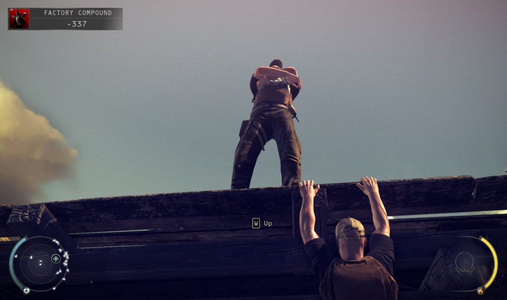 Screenshot of an enemy NPC above main character; main character is hanging off the bridge ledge.