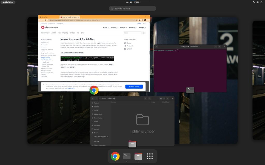 Screenshot of Ubuntu desktop with some windows open, including terminal, file manager, and Chrome.