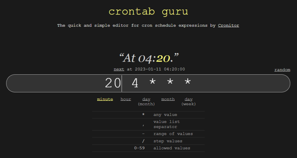 Screenshot of Crontab Guru website.