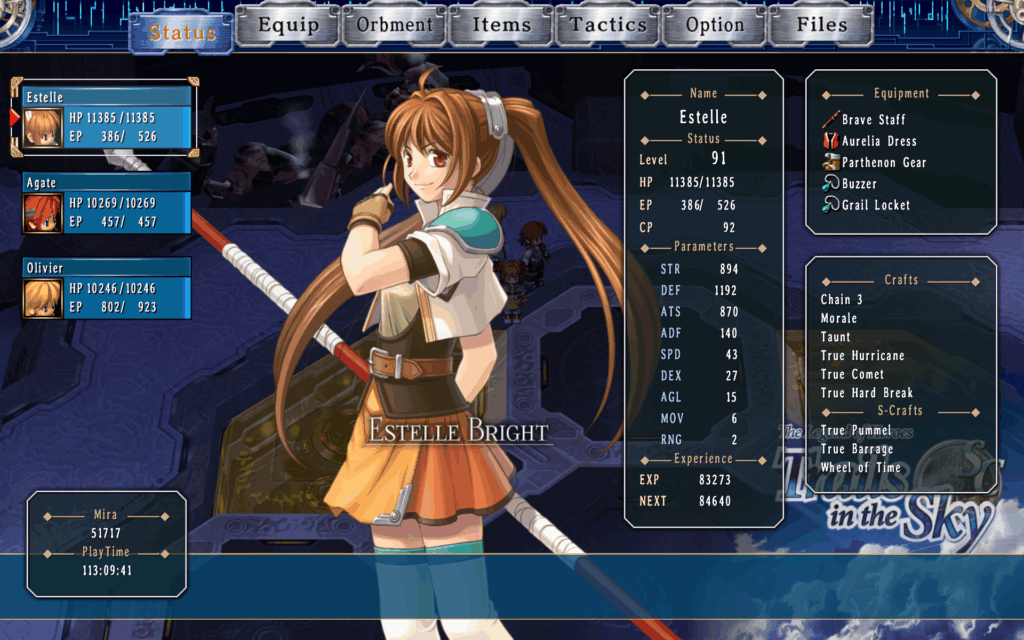 In-game screenshot. Menu, with Estelle Bright centered. 