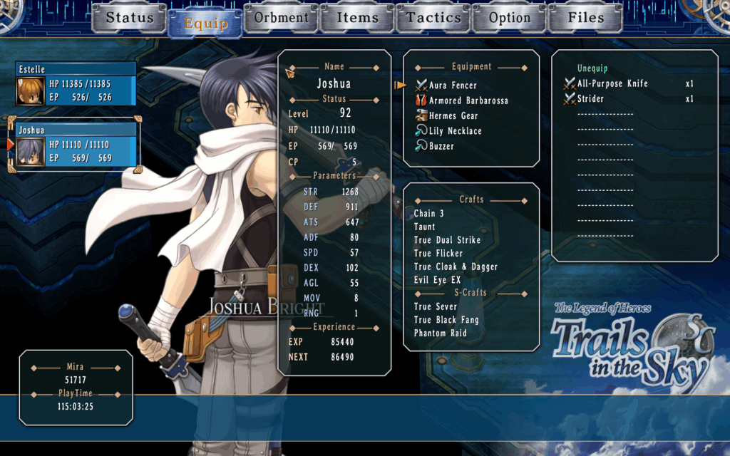 In-game screenshot. Equipment menu ingame, with Joshua Bright behind and centered.